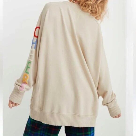 Aerie Down To Earth "CHEERS" Oversized Fleece Crew Sweatshirt Soft Oat XL - Picture 3 of 15